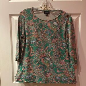 J. Jill Women's Green Paisley 3/4 Sleeve Crew Neck Tee Size Small